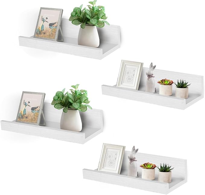 Muzilife 12" Small Floating Shelves Wood Wall Shelf with Lip, 4Pcs, White | FSC-Certified Wood | 20 lbs Capacity | Space-Saving | Hanging Shelf | Wall Decor| Bedroom,Living Room,Bathroom,Kitchen,Office