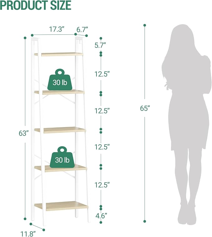 Hzuaneri Ladder Shelf, Bookshelf Bookcase, Freestanding Corner Storage Shelve with 2 Hooks for Home Office, Living Room, Kitchen, Bedroom, Industrial, 11.8" D x 17.3" W x 63" H, White Oak and White