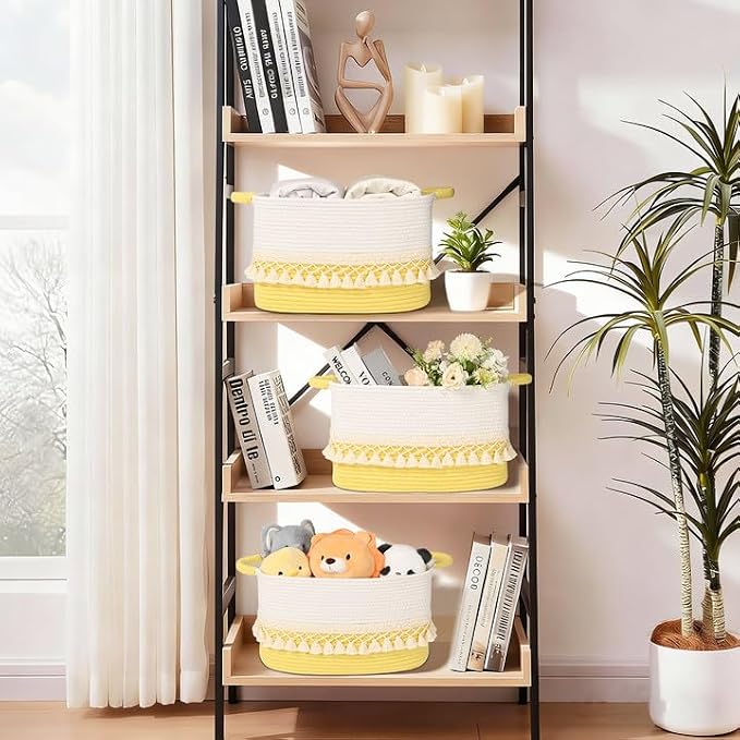 2 Pack Storage Basket for Shelves, Boho Cotton Rope Storage Bins with Heavy Tassel, Shelf Baskets Large Woven Baskets for Organizing, Cube Organizer Bins, Baby Laundry Basket for Clothes, Toys, Pets
