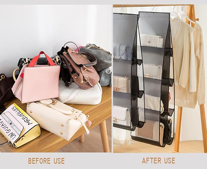 MURRI&MURRDI Hanging Handbag Organizer for Closet, Purse Storage Holder with 8 Clear Mesh Pockets, Space Saving Purse Hanger for Wardrobe, Black