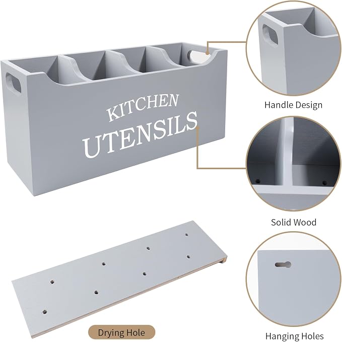 Kitchen Utensil Holder with Drainage Bottom, Extra Large 4 Compartments Solid Real Wood Utensil Organizer for Kitchen Counter, Farmhouse Cooking Tools Storage for Countertop, Grey