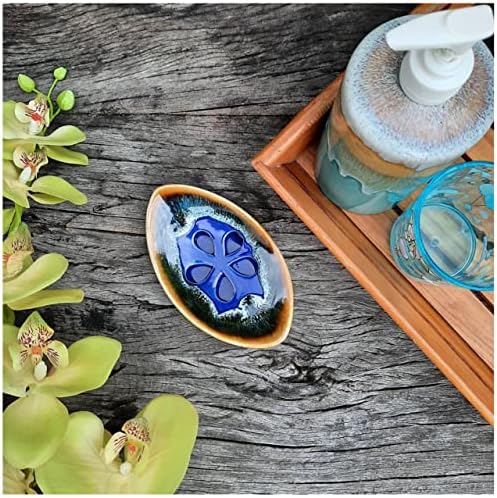 Ceramic Soap Dish with Self Draining Tray for Bar Soap, Bathroom, Kitchen (Blue No.2)
