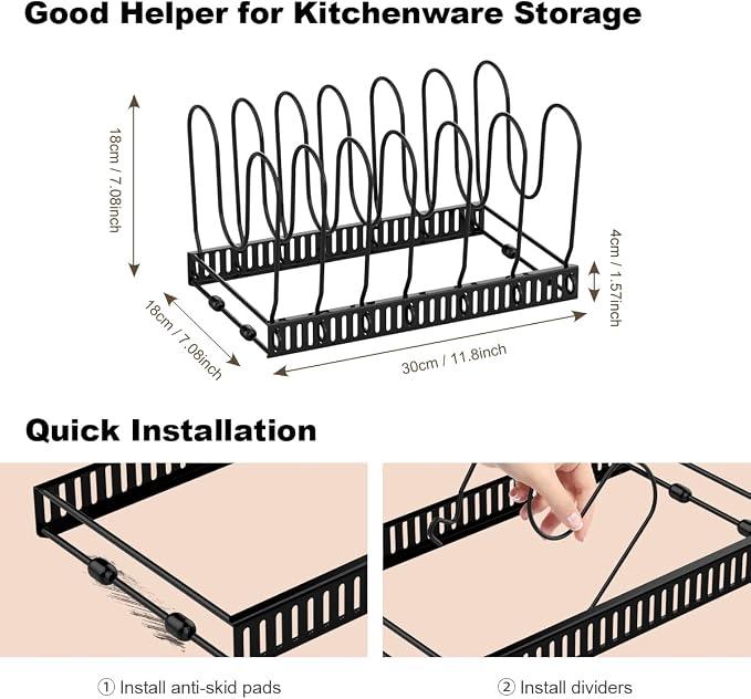 Housolution Pot and Pan Lid Organizer Holder Storage Rack, Black | 7 Adjustable Dividers, Sturdy Metal Construction, Easy Assembly