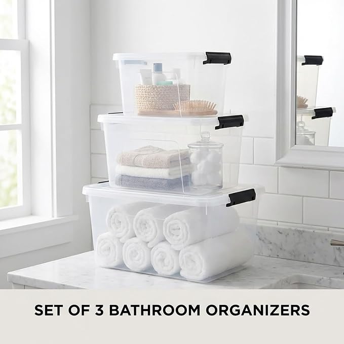 Clear Storage Latch Box/Bin, 3-Pack Plastic Organizing Container with Handle and Lids (7QT/16QT/22QT)