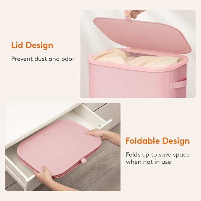 Lifewit Slim Laundry Basket with Lid, Narrow Large Laundry Hamper with Plastic Handles and Removable Bag, Tall Foldable Dirty Clothes Hampers for Laundry Room, Bedroom, Bathroom, Dorm, 75L Pink