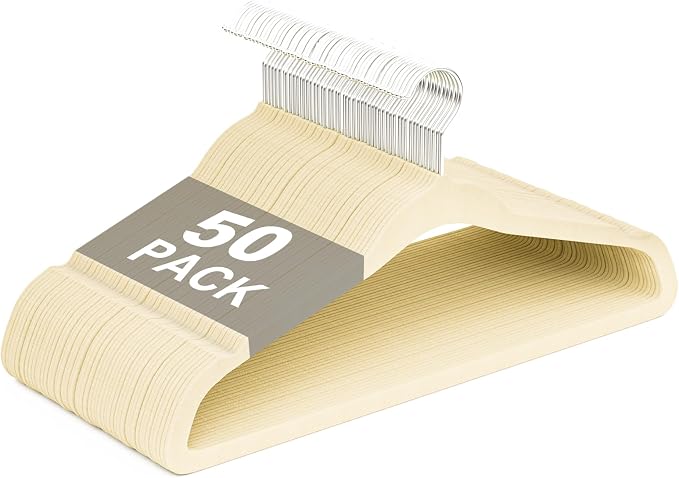 Velvet Hangers 50 Pack, Non Slip Clothes Hangers with Shoulder Notches, Slim Felt Hanger with 360° Swivel Hook, Space-Saving, Heavy Duty, for Coat, Shirt, Pants, Dress, Suits, Ivory
