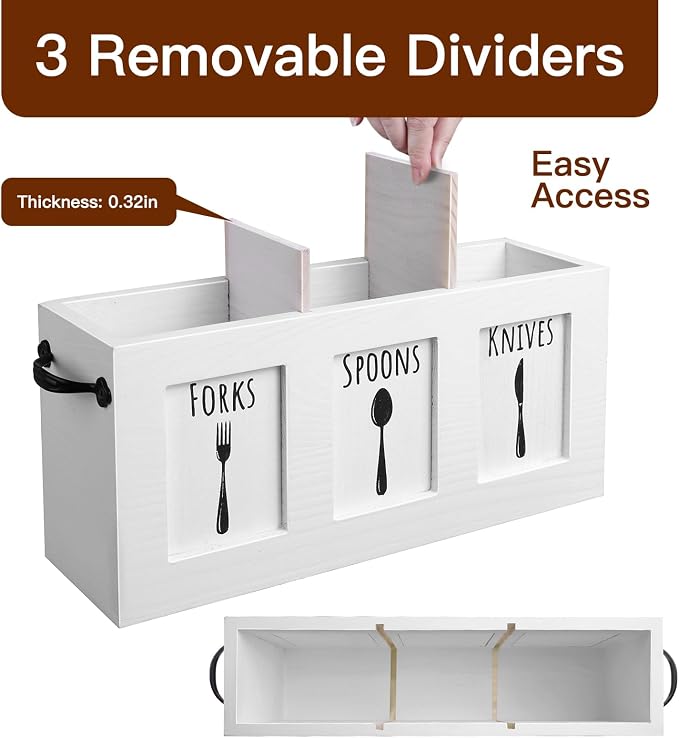 MINCORD Wood Flatware Organizer, Rustic Utensil & Silverware Holder for Forks, Spoons, Knives, Farmhouse Kitchen Cutlery Caddy Bin Countertop - White