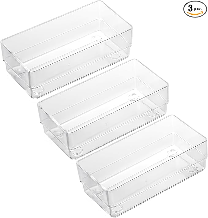 LotFancy Clear Drawer Organizers, 6'' x 3'' x 2'', Set of 3, Drawer Organizer Trays for Desk, Plastic Storage Bins for Bathroom, Makeup, Utensils, Stackable