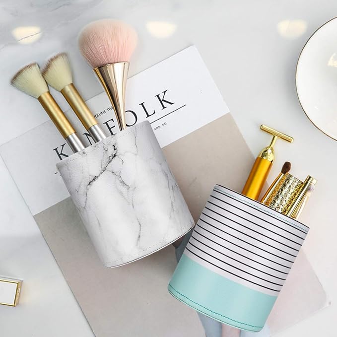 Pen Holder, Pencil Cup Pot Desk Organizer Multi Purpose Use Cute for Adults Kids Luxury Leather Makeup Brush Holder for Home, Office, Classroom, Stripes Mint Green