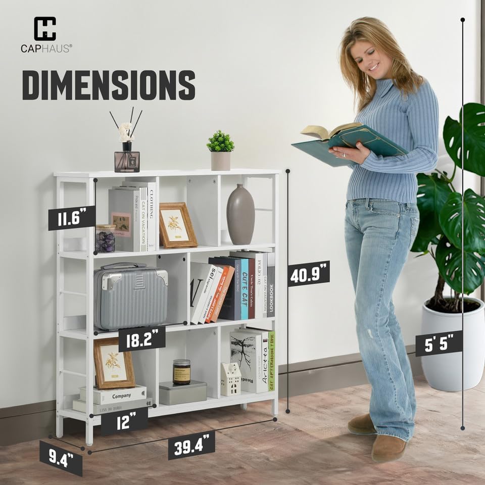 CAPHAUS 8 Cube Storage Organizer, 40” Wide 3 Tier White Industrial Open Shelf Bookcase, Display Shelf, Horizontal Booksh