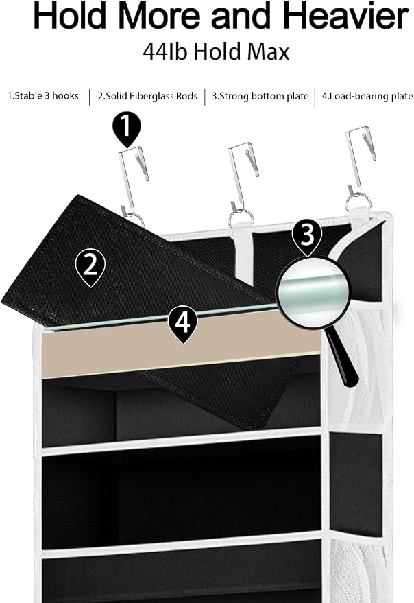 TAHAVICE 1Pack Over the Door Organizer Storage, 5 Large & 10 Mesh Pockets | Hanging Organizer Closet College Dorm Essentials for Girls, Storage for Dorm Organization, Nursery & Bedroom (Black)