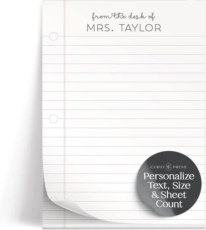 Curio Press Personalized Notepad 50 or 100 Sheets, Custom Stationery Note Pad 3 Sizes - To Do Lists End-of-Year Teacher Gifts Appreciation Note with Name Teacher Stationery Gifts - Notepaper Pad