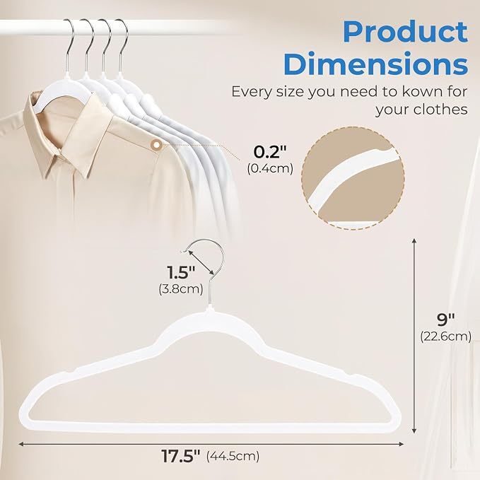 Smartor White Velvet Hangers 50 Pack, Non-Slip Space-Saving Clothes Hangers | Premium Slim Felt Hanger for Closet Organizers and Storage, Heavy Duty Hanger with Shoulder Notches and 360° Hooks for Coats