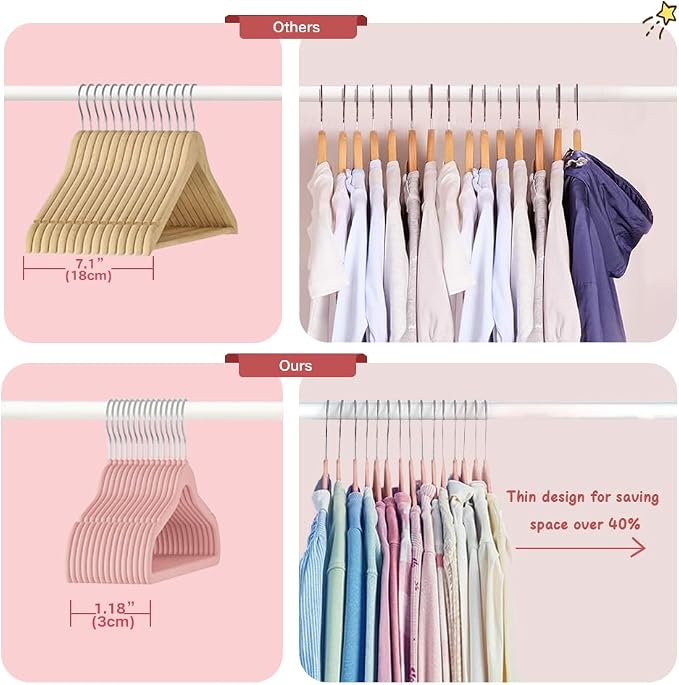 Stormix Baby Velvet Hangers 30 Pack, Kids Non-Slip Felt Hangers with Shoulder Notches, Thin Space Saving Hangers for Closet Organization, 360° Swivel Hook for Toddler's Clothes - Pink
