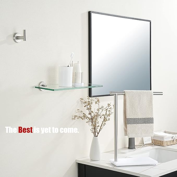 JQK Bathroom Glass Shelf Brushed Steel, Tempered Glass Shower Storage 16 by 5 inches, 304 Stainless Steel Brushed Wall Mount 2 Pack, TGS101L16-BN-P2