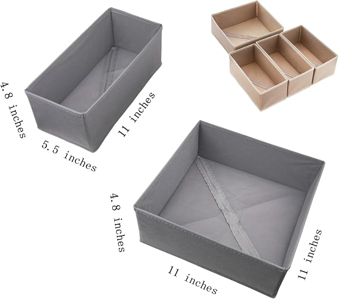 Bructhun Drawer Organizer Set of 4- Fabric Storage Bins for Clothes, Underwear, Socks & Bras - 11" Dresser Dividers for Bedroom Closet