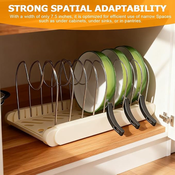 Pots and Pans Organizer for under Cabinet, Expandable Pot Lid Holder with 10 Adjustable Compartment, Pan Organizers inside Cabinet for Lids, Bakeware, Cutting Boards(COLOR:White)