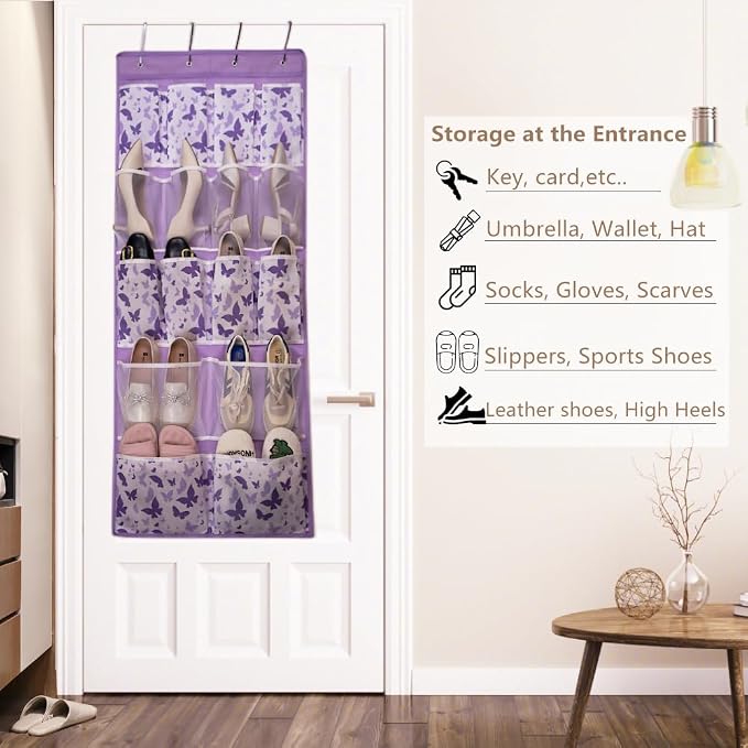 16 Pockets Over Door Hanging Storage Organizer with 4 Kinds Pouches for Shoes,Sock,Hat,Underwear,Handbag,Cosmetics,Toiletry,Behind Door Hanging Shelf Space-saving for Bathroom,Bedroom,Entrance,Purple