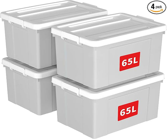 Cetomo Lidded Storage Bin with Handle, Tote Organizing Container with Wheels, Lid and Secure Latching Buckles, Stackable and Nestable, Plastic, 72 Quart-4 Pack, Gray