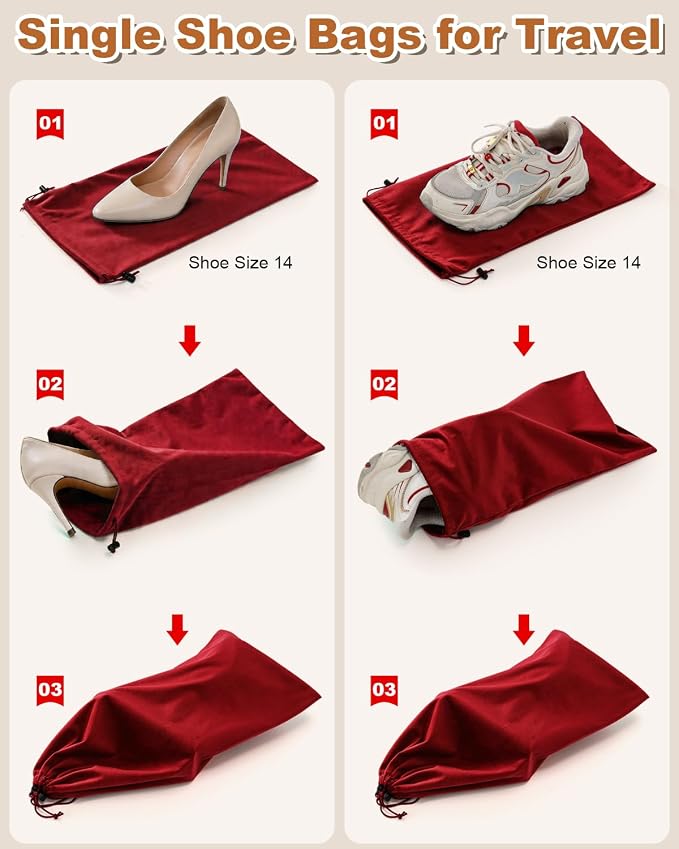 6 Pcs Single Shoe Bags for Travel, Dust Velvet Bag, Rio Red, 17.3x8.6 Inch | Washable & Reusable Travel Shoe Bags, Dustproof Shoe Bags with Drawstring Closure, Suitable for Travel, Home Storage