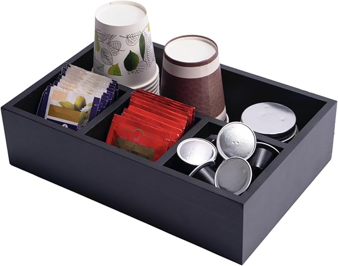 Tea Bag Organizer Black Wood Tea Bag Holder 4 Compartments Coffee Drawer | Large Capacity Sugar Packet Holder Coffee Station Organizer Tea Bags Caddy Drawer Storage Container for Countertop
