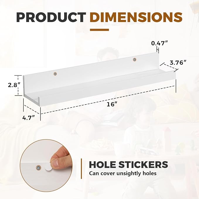 Muzilife 16" Floating Wall Ledge Shelves with Lip - Set of 2 Wood Floating Shelves - White Wall Mounted Picture Ledge for Office, Bathroom, Bedroom, Living Room, Kitchen