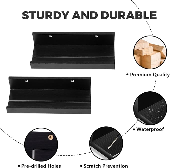 Muzilife 12" Small Floating Shelves Wood Wall Shelf with Lip, 4Pcs, Black | FSC-Certified Wood | 20 lbs Capacity | Space-Saving | Hanging Shelf | Wall Decor| Bedroom,Living Room,Bathroom,Kitchen,Office