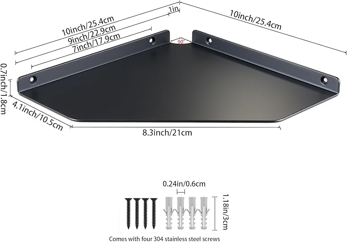 10 Inch Black Floating Corner Shelf Wall Mounted, Large Triangle Shelf for TV Box, Router, Speakers, Wine & Trophies