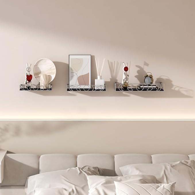 Moon Phase Wall Shelves Black Silver, 3 Pack Small Floating Book Plant Shelves for Bedroom Kid Room, Decorative Storage Display Shelf for Crystal Figurine Collectibles