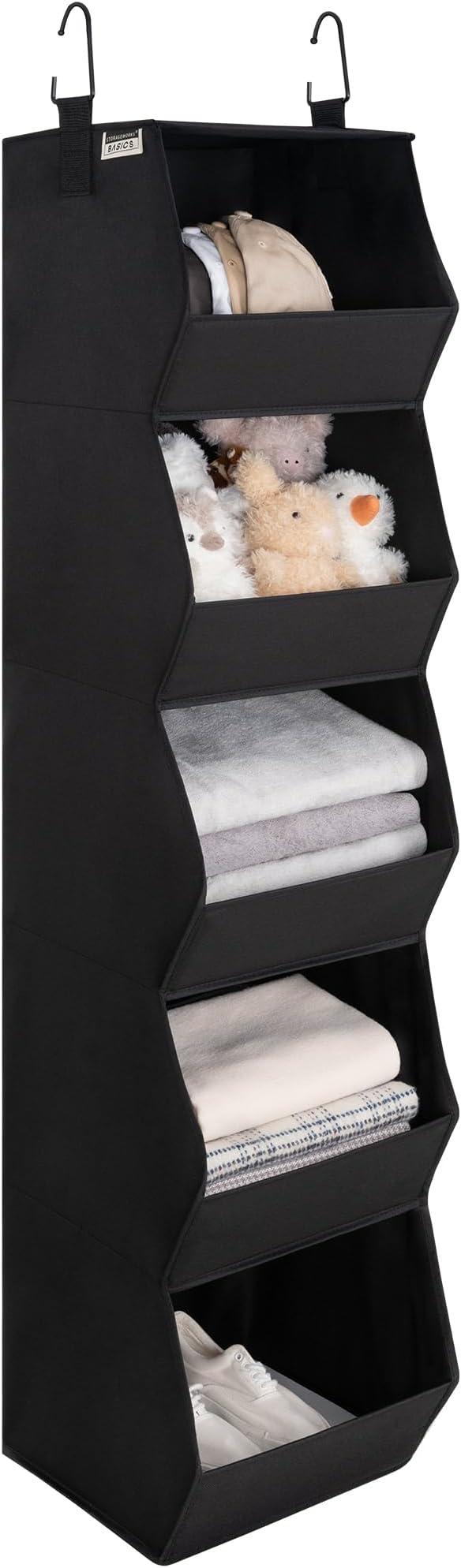 StorageWorks Basics Hanging Closet Organizer, 5-Shelf Wide Trapezoid Closet Shelves with Reinforced Anti-Sagging Support for Sweaters, Hoodies and Handbags, Foldable Storage Organizer, Black