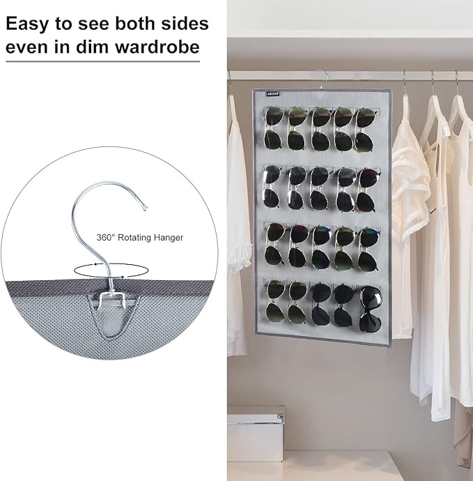 Dual Sided Hanging Sunglasses Organizer Wall Mounted Glasses Rack Storage Eyeglasses Holder Eyewear Display Case with 40 Slots (40 Slots-Grey)