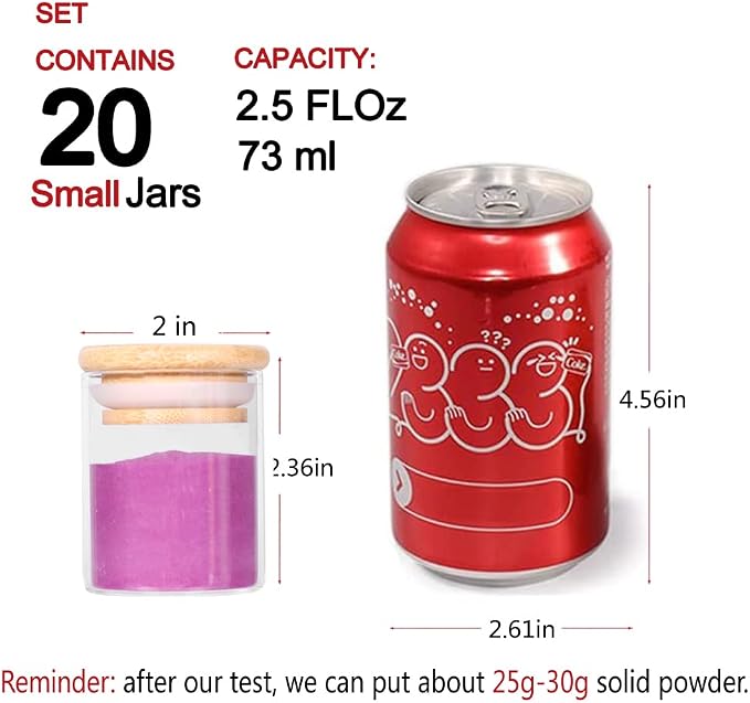 Tzerotone Spice Jar Set,2.5oz 20 Piece Glass Jar with Bamboo Airtight Lids and Labels, Mini Clear Food Storage Containers for pantry, kitchen canisters for Tea, Herbs, Sugar, Salt, Coffee