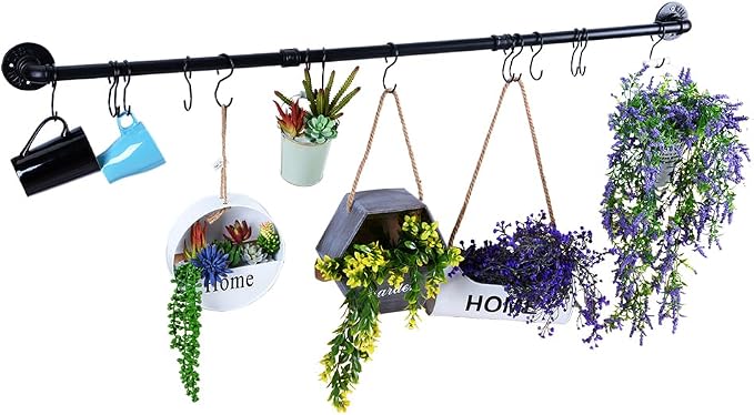 WuGeShop 50.4 inch Hanging Pot Rack Wall Mounted Pot Pans Hanging Rail, Industrial Long Pot Pan Bar With 15 S Hooks, Black Pot Hangers Kitchen Pot and Pan Hanging Rack