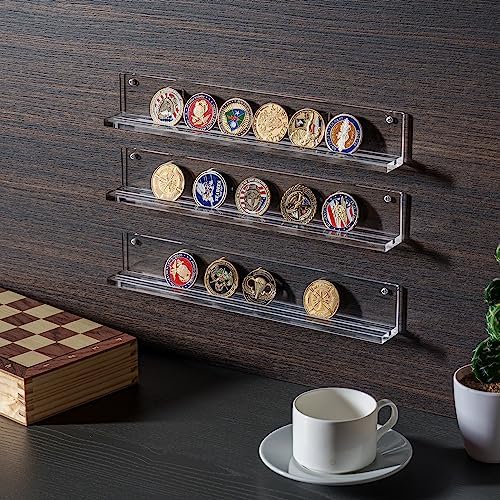 MyGift Challenge Coin Display, Wall Mounted Clear Acrylic Shelves, Set of 3