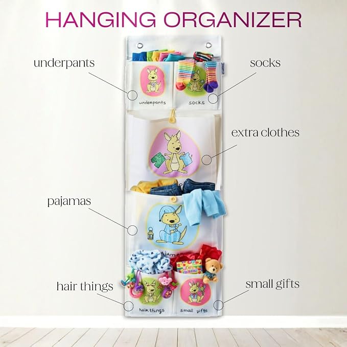 Cool-Stuff Kids Hanging Clothes Organizer – Over The Door Storage for Pajamas, Toys, Socks – Wall Mount Closet Organizer for Toddler, Preschool, Kindergarten – Water-Resistant, Beige, 44x14.5