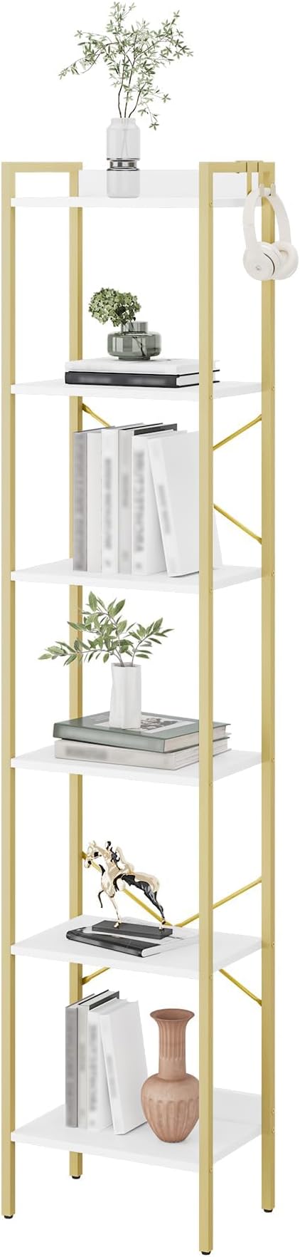 Hzuaneri Bookshelf, Book Shelf, Industrial Bookcase with 2 Hooks, Coner Shelf Storage Organizer for Home Office, Living Room, Bedroom, Kitchen, 6-Tier White-Gold BC10713G