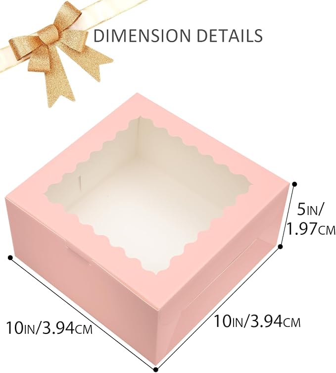 qiqee 10"x10"x5" Cake Box, 36 Sets Pink Cake Box with Window ＆ 36 Sets 10" Pink Cake Round Boards, for Cake, Treat Cookie Dessert, Pastry, Birthday Party, Weddings