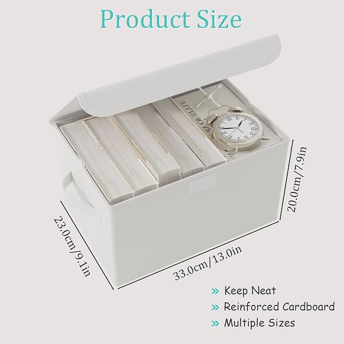 Foldable Storage Bins, Closet Boxes, 4 Pack, White, 13x9x7.9 In | Cube Organizer Basket with Flip-Top Lid and 2 Handles, Decorative Boxes for Shelves with Cover for Clothes, Towels, Blanket