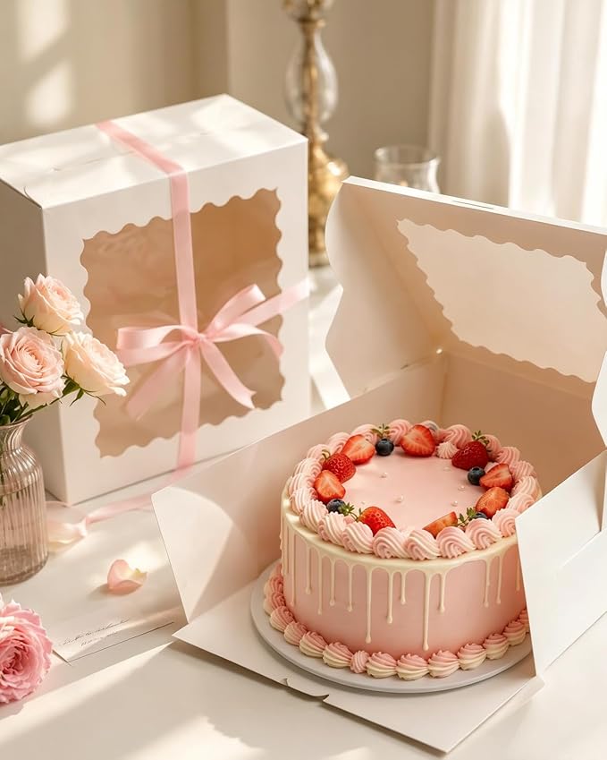 qiqee 10"x10"x5" Cake Box, 36 Sets White Cake Box with Window ＆ 36 Sets 10" White Cake Round Boards, for Cake, Treat Cookie Dessert, Pastry, Birthday Party, Weddings
