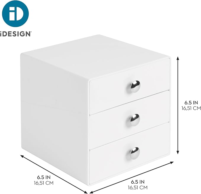 iDesign 3-Drawer Plastic Vanity Organizer, Compact Storage Organization Drawers Set for Cosmetics, Dental Supplies, Hair Care, Bathroom, Dorm, Desk, Countertop, Office, 6.5" x 6.5" x 6.5", White | Bathroom Storage, Vanity Storage