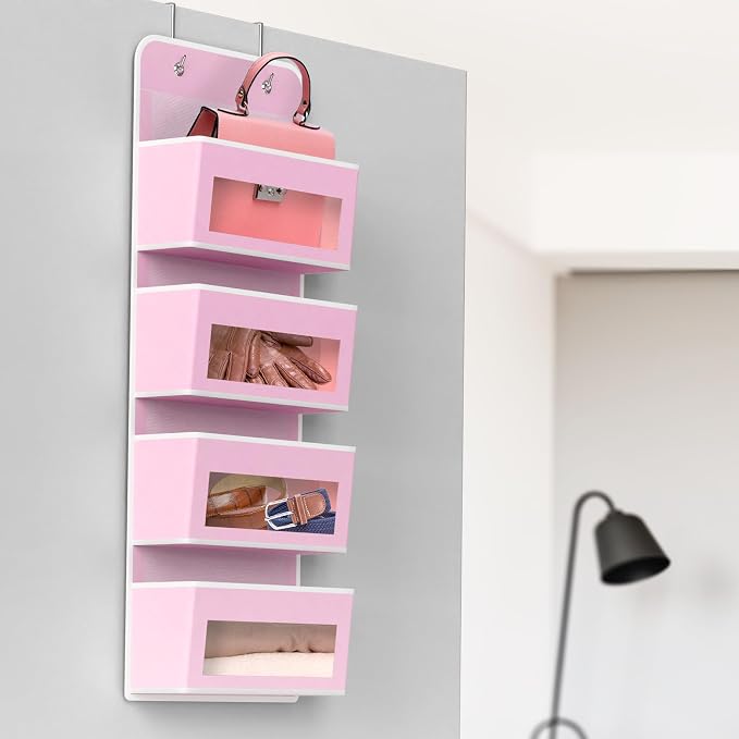 Simple Houseware 4 Clear Window Pocket Over Closet Door Storage Hanging Organizer for Bedroom, Bathroom, Pantry, Pink