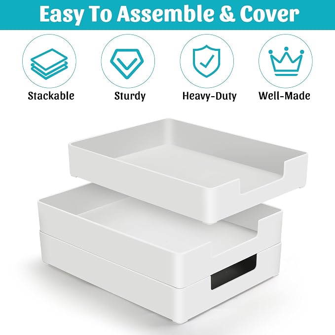 Letter-Size Tray Desk Letter Tray Paper Tray, Sturdy Heavy-Duty Plastic Printer Paper Tray, Single-Tier Stackable File Storage Organizer for Office Home (White)