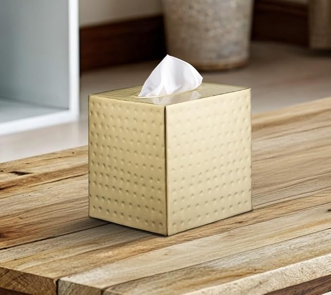 Monarch Abode Tissue Box Cover Square – Hand Hammered Brushed Gold Metal Tissue Holder Box for Bathroom Accessory, Aesthetic Decorative Facial Napkin Cube for Modern Home Decor