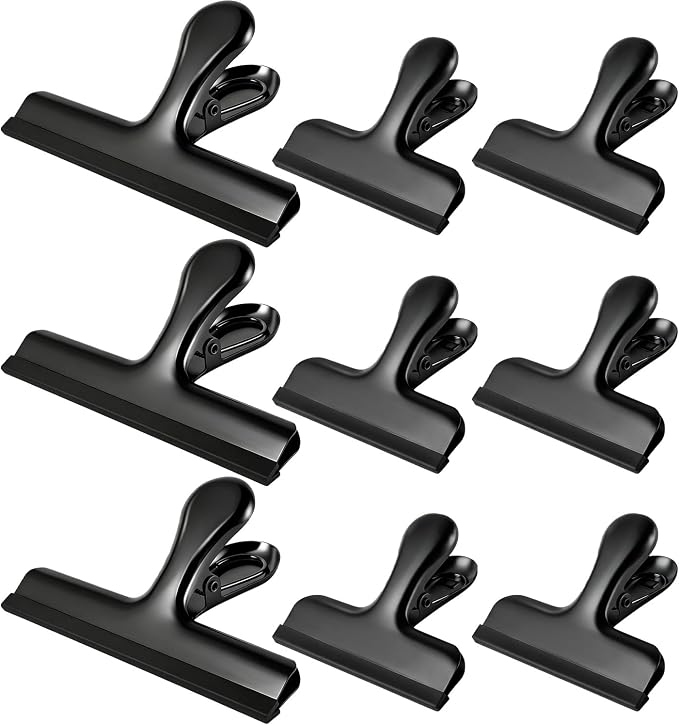 Chip Bag Clips, 9 Pack Heavy Duty Black Stainless Steel Food Sealer Clips with Silicone Cover, Strong Grip for Snacks, Food Storage, Kitchen & Pantry Organization (3 Large +6 Small)