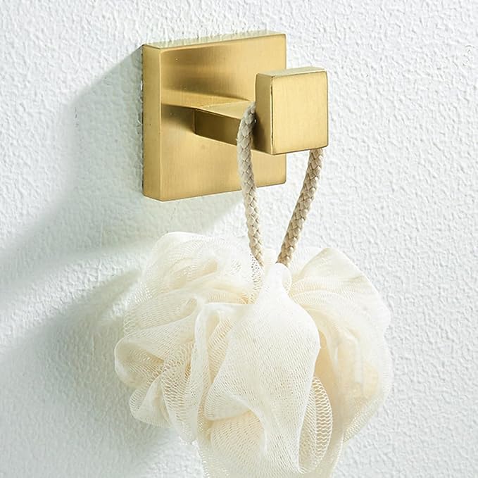 Nolimas Towel Hook Stainless Steel Bathroom Rustproof Clothes Towel Coat Hook Wall Mounted Square Toilet Kitchen, Heavy Duty Door Hanger, 4 Pack, Brushed Gold