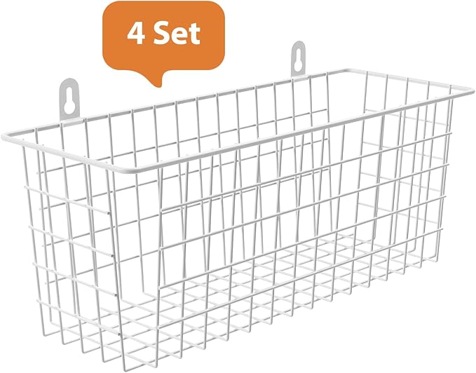 MaraFansie Wire Basket 4-Pack [Extra Large] Hanging Wall Organizer Cabinet Storage Basket Wall Mounted Shelves Rustic Farmhouse Decor for Home Kitchen Bathroom, White