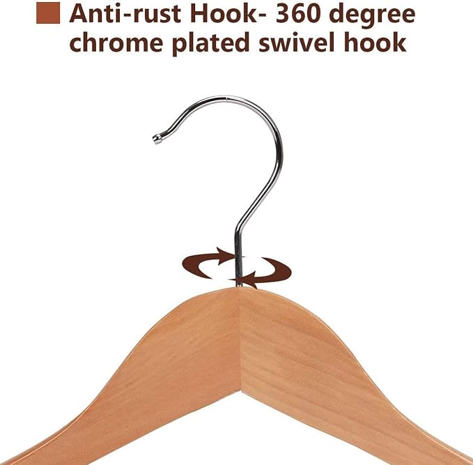 JS HANGER Wooden Suit Hangers, 6 Pack Extra-Wide Shoulder wood Coat Hangers with Non Slip Pant Bar, Extra Smooth and Splinter Free Natural Finish