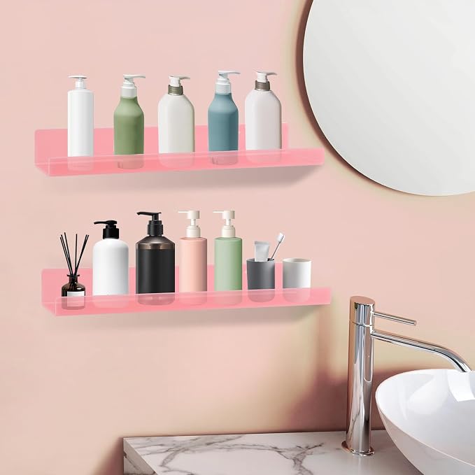 Dezzer 6 Pack Acrylic Shelves for Wall, 15" Acrylic Floating Shelves for Bathroom Bedroom, Invisible Bookshelf Wall Ledge Storage Shelf Books Perfume Toys Action Figure Display Shelves, Pink
