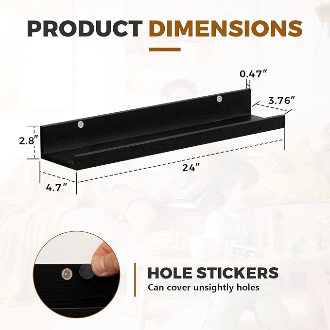Muzilife 24" Small Floating Wall Ledge Shelves with Lip - Set of 2 Wood Floating Shelves - Black Wall Mounted Picture Ledge for Office, Bathroom, Bedroom, Living Room, Kitchen