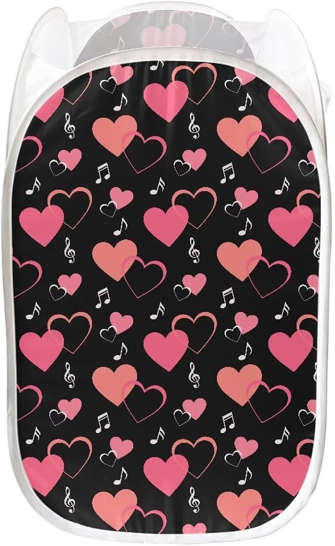 AFPANQZ Laundry Hamper Portable Collapsible for Storage and Easy to Open, Love Heart Music Folding Pop-Up Clothes Hampers Nursery Baskets for College Dorm Hotel Home or Travel 61L